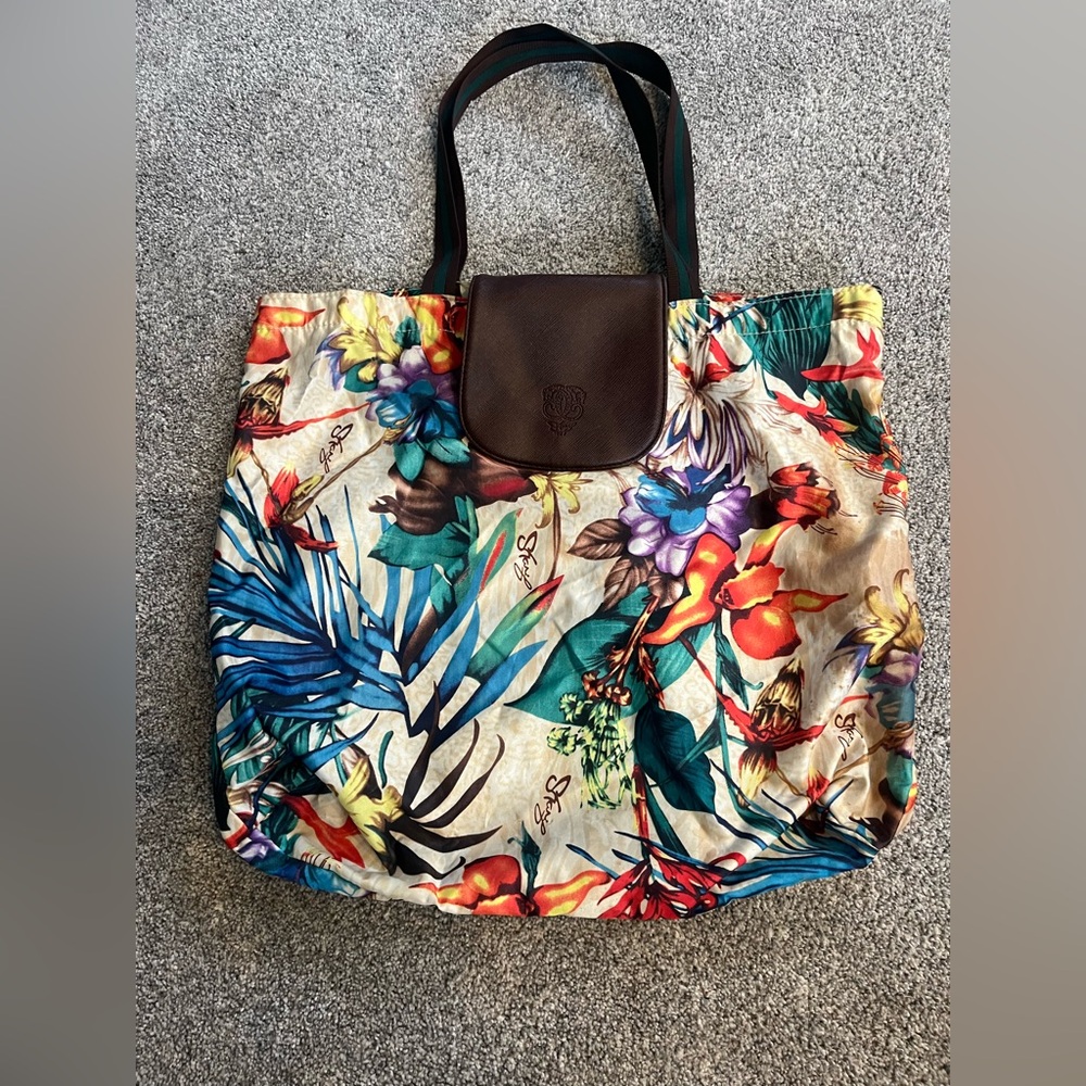 Sharif Tote Bag Tropical Flower Print Foldable Nylon Snap Flap Shopper dust bag